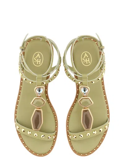 Ash Strappy Green Sandals With Gemstone Embellishments In Neutrals