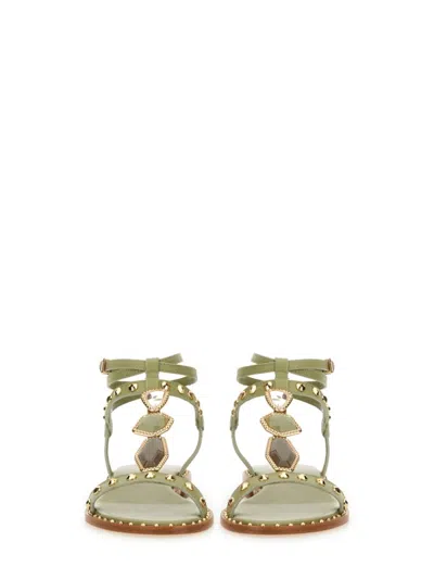 Ash Strappy Green Sandals With Gemstone Embellishments In Neutrals