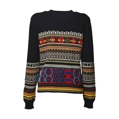 Etro Black Wool Crewneck Sweater With Jacquard Pattern In Black