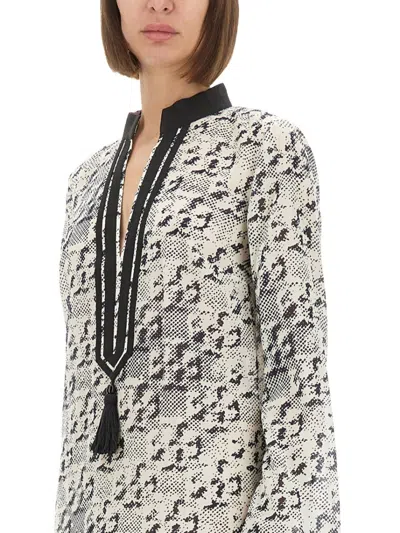 Tory Burch Silk And Cotton Tunic With Pixelated Logo Print In Grey