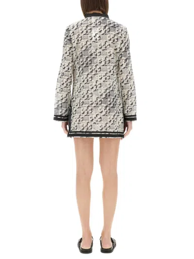 Tory Burch Silk And Cotton Tunic With Pixelated Logo Print In Grey