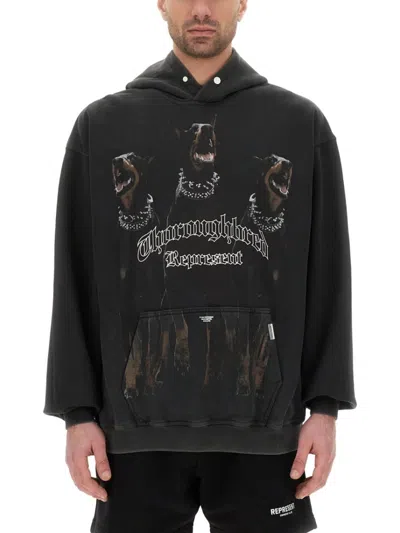 Represent Black Hoodie With Fixed Hood And Maxi Print On The Front In Cotton Man In Black