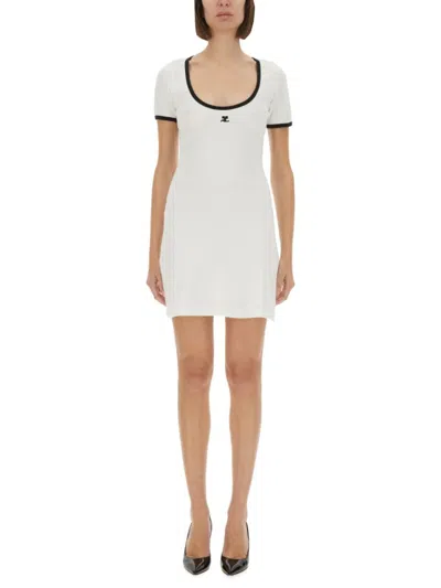 Courrèges Ribbed Cotton Mini Dress With Logo Embroidery In White