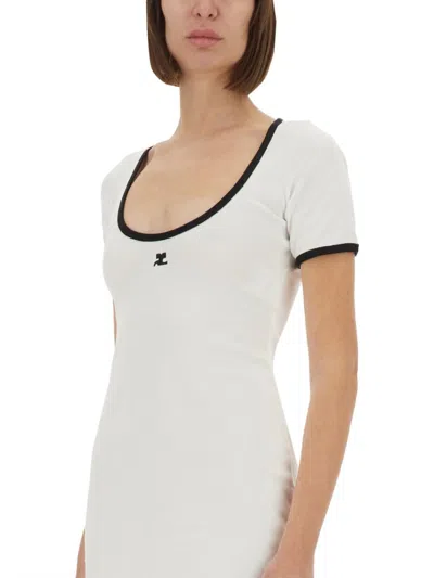 Courrèges Ribbed Cotton Mini Dress With Logo Embroidery In White