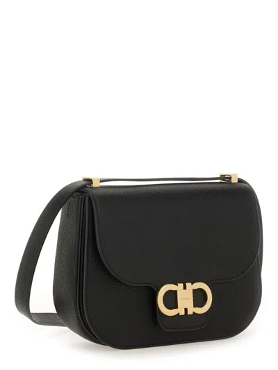 Ferragamo Geometric Lines Leather Shoulder Bag In Black