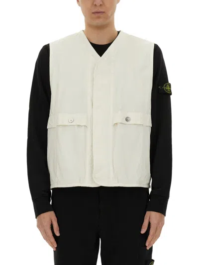 Stone Island Logo Sleeveless Vests With Button And Side Pockets In Neutral