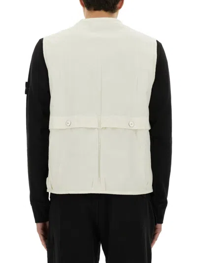 Stone Island Logo Sleeveless Vests With Button And Side Pockets In Neutral