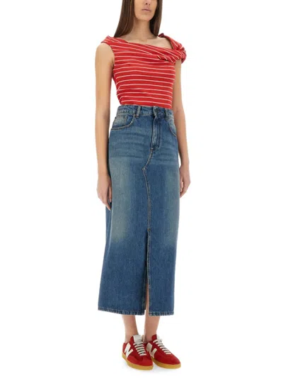 Msgm High-waisted Denim Skirt With Front Slit In Blue
