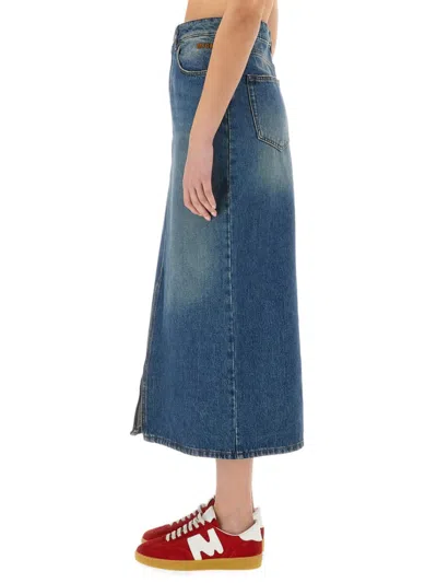Msgm High-waisted Denim Skirt With Front Slit In Blue