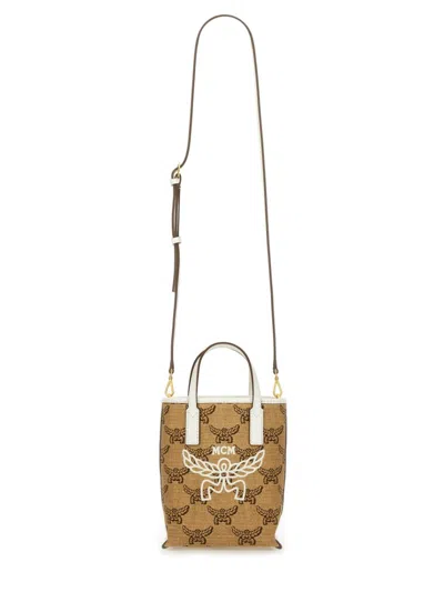 Mcm Structured Tote Bag With Distinctive Embroidery In Neutrals