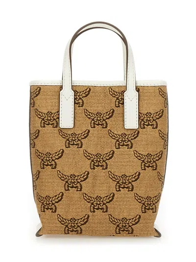 Mcm Structured Tote Bag With Distinctive Embroidery In Neutrals