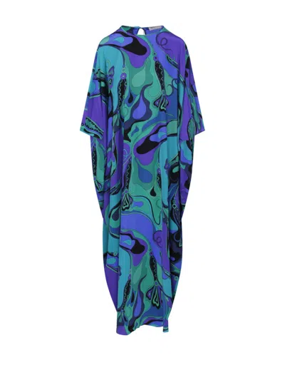 Emilio Pucci Silk Kaftan With Swirling Patterns In Blue