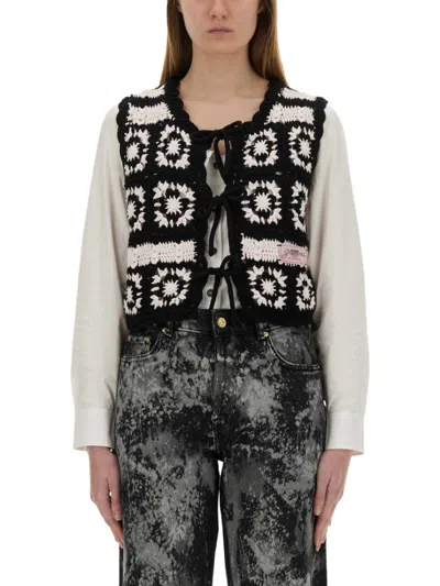 Ganni Women Crochet Knit Vest In Grey