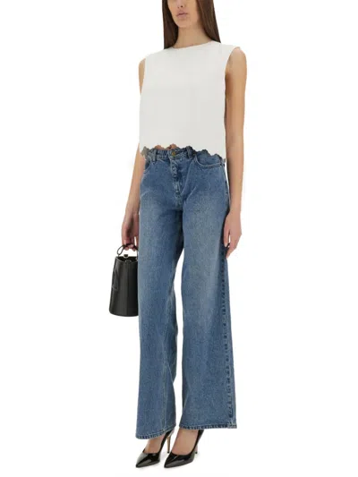 Shop Patou Cropped Poplin Top With Scalloped Hem In Blue