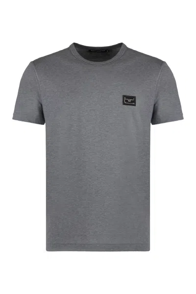 Dolce & Gabbana Grey Crewneck T-shirt With Logo Plaque In Grey