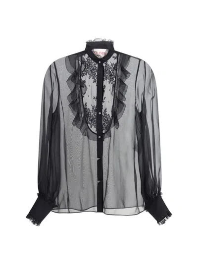 Valentino Silk Chiffon Blouse With Lace And Ruffles Trim In Black