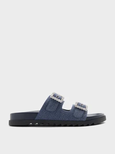 Charles & Keith - Denim Gem-buckle Double-strap Sandals In Denim Blue