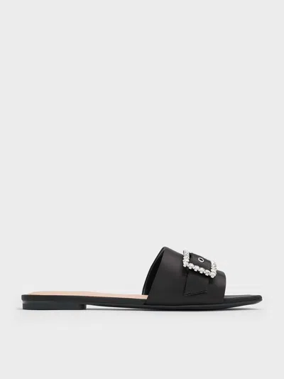 Charles & Keith - Satin Gem-buckle Square-toe Slide Sandals In Black Textured