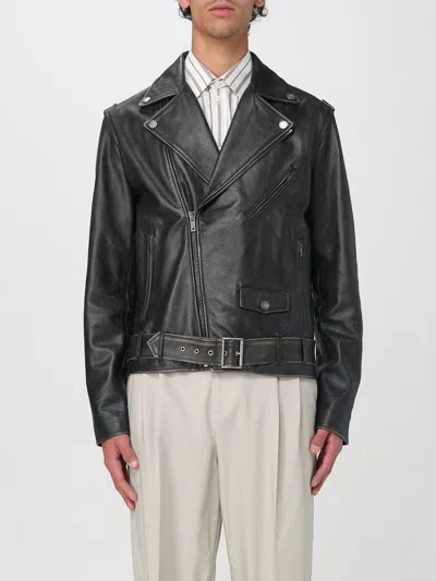 Golden Goose Black Biker Jacket With Notched Revers And Leopard Lining In Schwarz