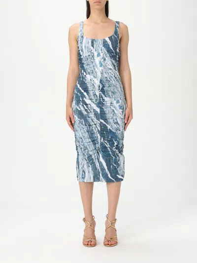 Roberto Cavalli Square Neckline Midi Length Dress With Ruched Detailing In Blau