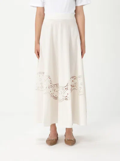 Twinset Twin-set Flared Cotton Poplin Sangallo Skirt In White