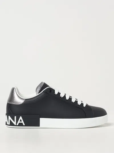 Dolce & Gabbana Portofino Sneakers In Black Leather With Silver Inserts In Schwarz
