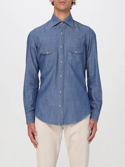 Eleventy Slim Fit Denim Wash Shirt With Western Yoke In Blau