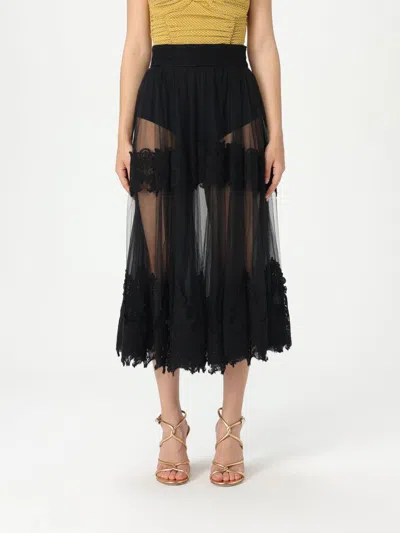 Elisabetta Franchi High Waist Embroidered Midi Skirt With Sheer Overlay In Schwarz