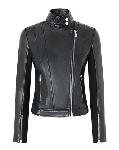 Pinko Blouson De Motard En Cuir Avec Dos En Tissu In Black