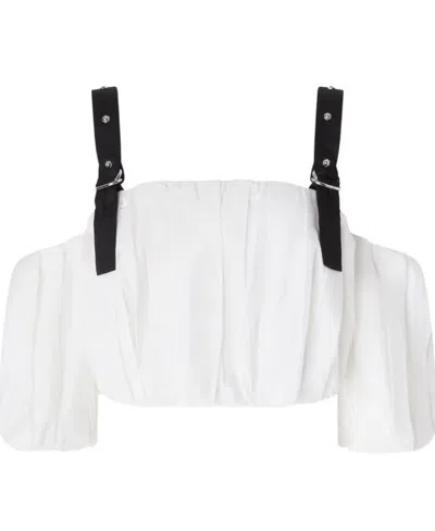 Pinko Cropped Beige Top With Puff Sleeves And Adjustable Straps In White