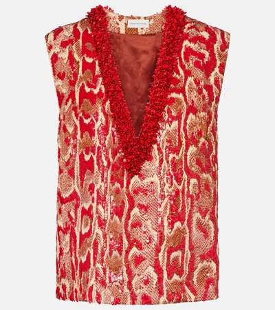 Dries Van Noten Sleeveless V-neck Animal Print Sequin Trim Top In Red