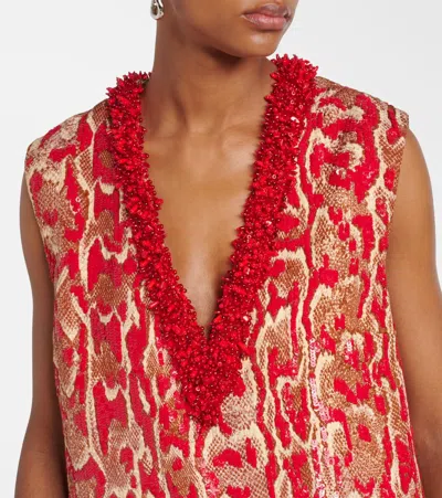 Dries Van Noten Sleeveless V-neck Animal Print Sequin Trim Top In Red