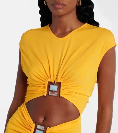 Christopher Esber Duo Bezel Cutout Jersey Minidress In Yellow