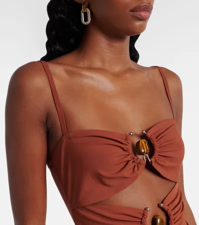 Christopher Esber Pierced Orbit Cutout Jersey Minidress In Brown