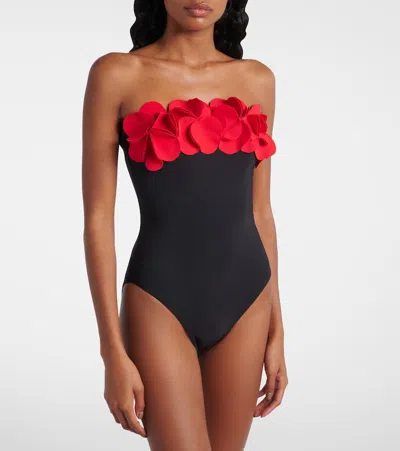 Karla Colletto Floral-appliqué Strapless Swimsuit In Black