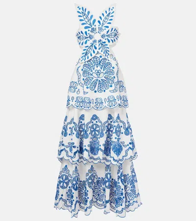 Farm Rio Embroidered Tiered Linen Maxi Dress In White