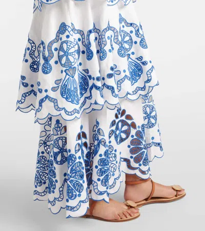 Farm Rio Embroidered Tiered Linen Maxi Dress In White