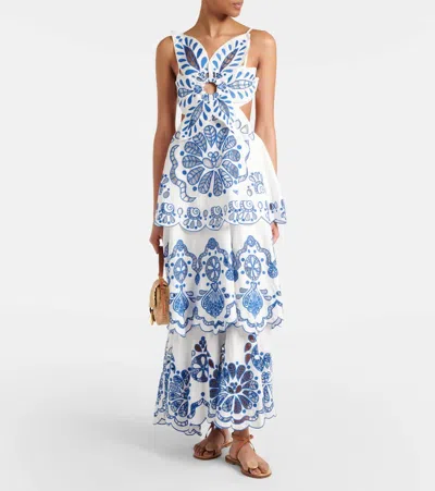 Farm Rio Embroidered Tiered Linen Maxi Dress In White