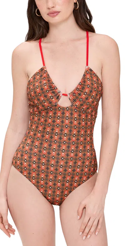 The Great The Reversible Keyhole One Piece Rust Tile Print/hot Red In Rust Tile Print/hot Red