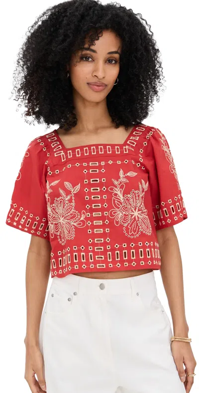 Rails Laine Embroidered Eyelet Square Neck Cotton Top In Red