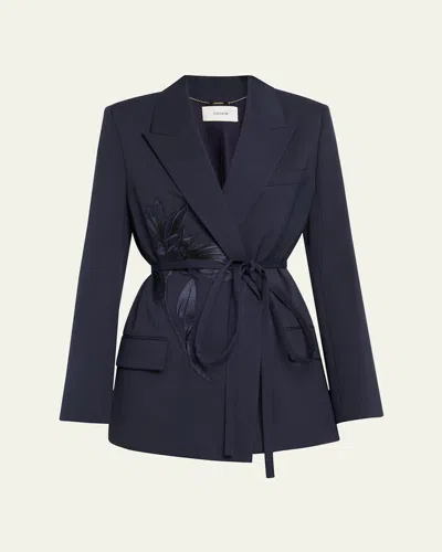 Erdem Flower Double-breasted Belted Wool Blazer In Navy