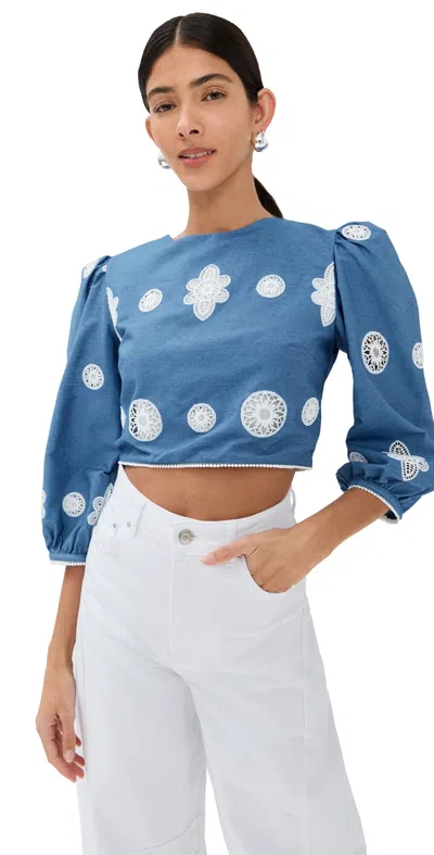 Borgo De Nor Alfie Denim Lace Top In Blue/white