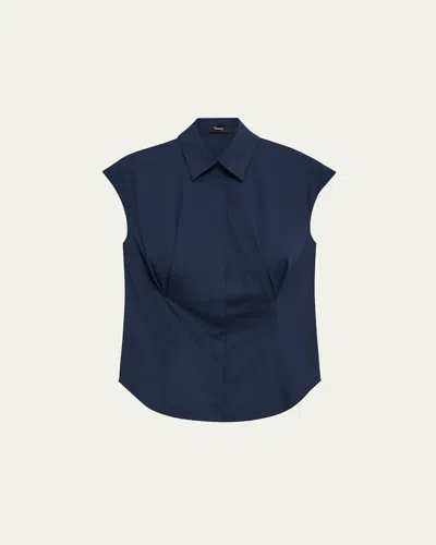 Theory Cinched Cap Sleeve Shirt In Good Cotton In New Navy