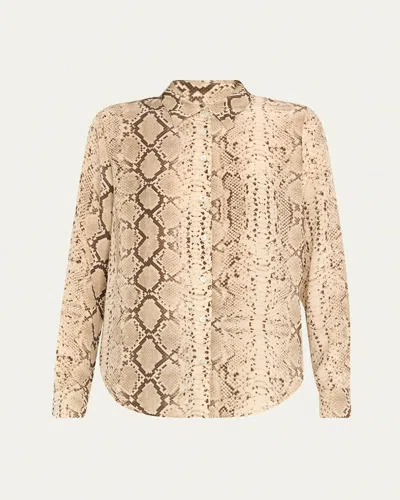 Sprwmn Snake Fitted Button-front Silk Shirt In Beige Snak