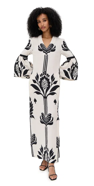 Andres Otalora Rajasthan Printed Linen Maxi Dress In Ivory/black Lotus
