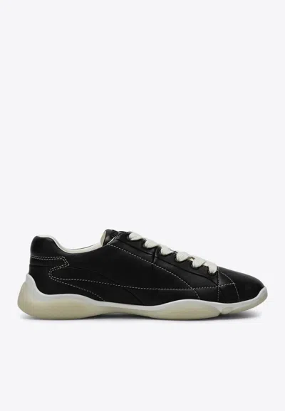 Prada Leather Sneakers With Contrast Stitching And Rubber Sole In Pattern