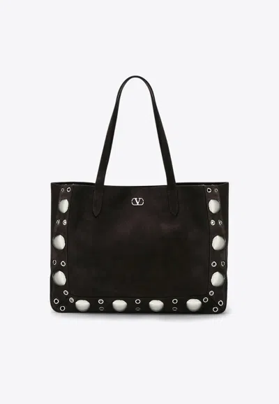 Valentino Nellcôte Medium Shopping Bag In Garnet Calfskin In Dark Brown