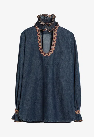 Valentino Womens Embroidered Frilled Cotton-denim Shirt Medium Blue Denim In Blue