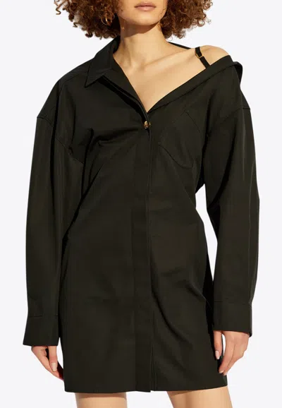Jacquemus Asymmetric-neck Shirt Minidress In Black