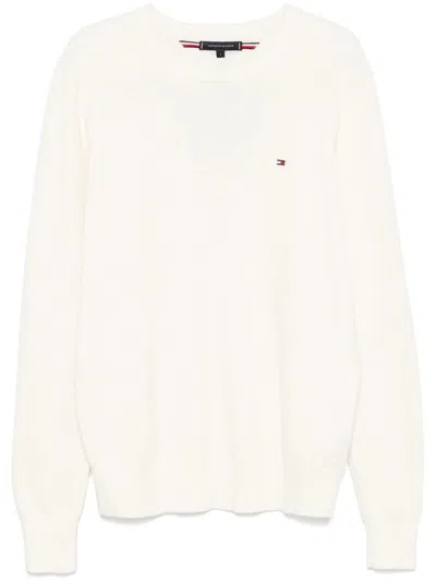 Tommy Hilfiger Crew Neck Cotton Sweater With Ribbed Cuffs In White